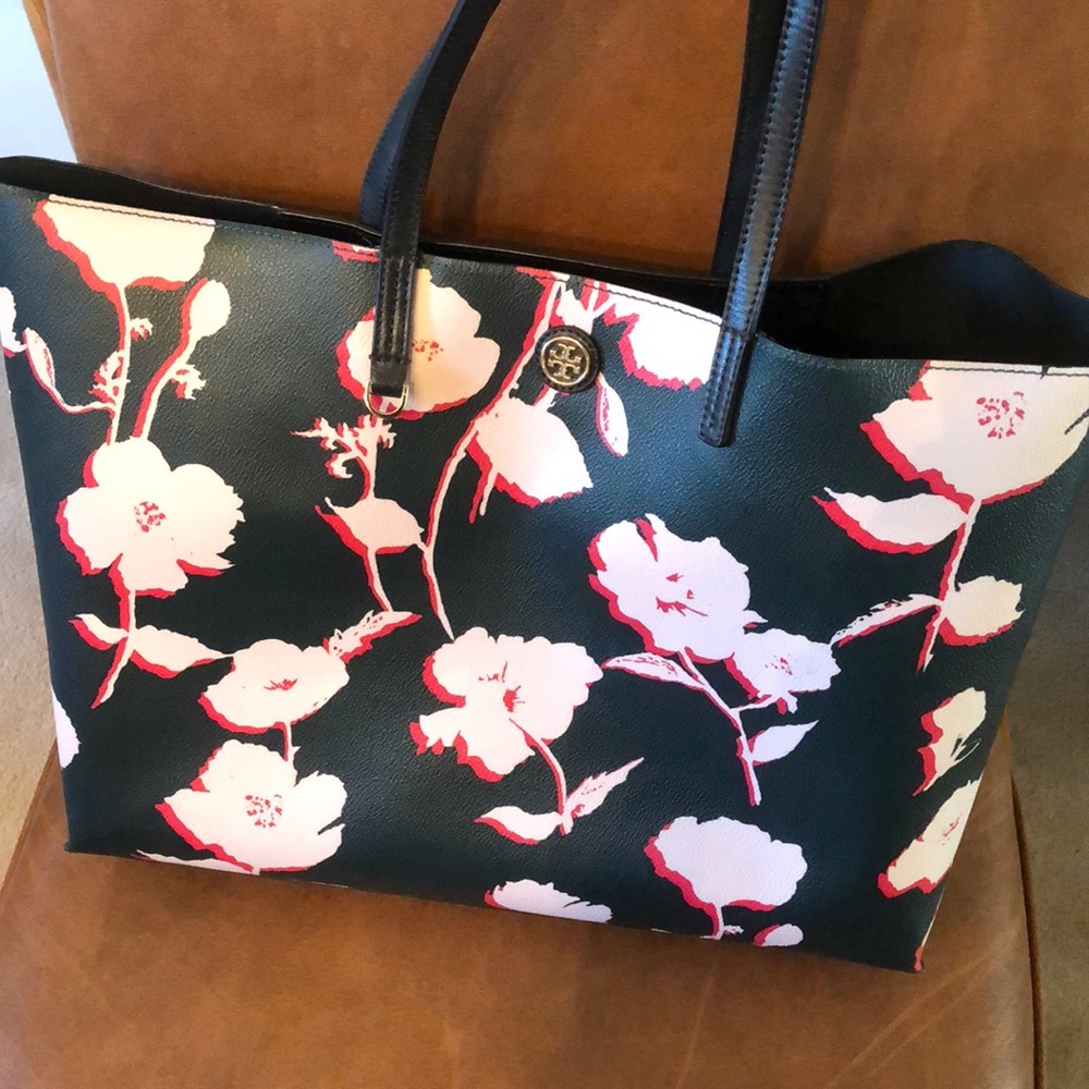 SOLD! NWT Tory Burch Floral Tote Bag -Dark Green Leather - Picture 11 of 16